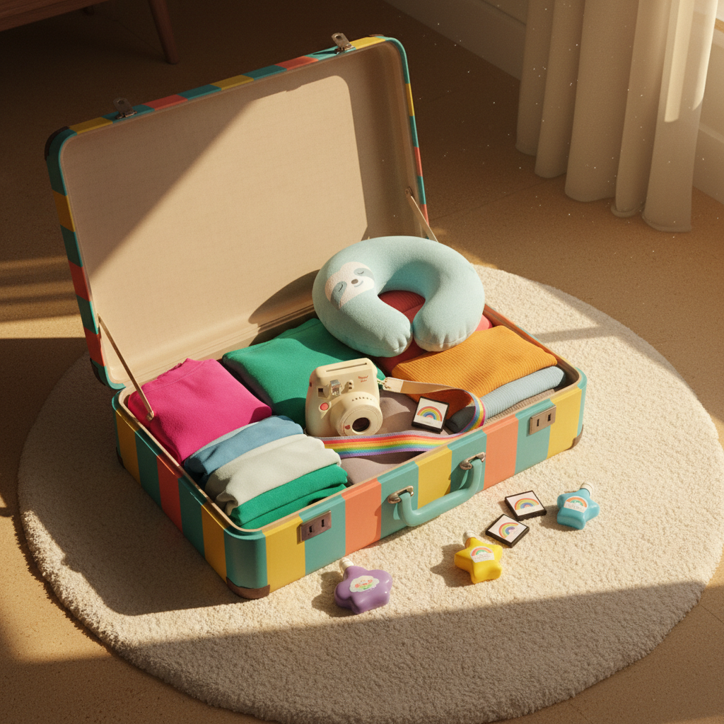 An overhead view of a charming, colorful suitcase popped open on a soft, round-edged rug. Inside, nestled clothing stacks in bright hues, a plush neck pillow shaped like a sleepy animal, a classic instant camera with rainbow film packs, and a scattering of travel-sized toiletries in quirky bottles. The scene glows with warm afternoon light from a nearby window, casting gentle, rounded shadows and adding a lively energy. The composition embraces a whimsical, organized-chaos feel, using bold, vibrant colors and photographic realism, instantly suggesting the excitement of packing for a new adventure and inspiring readers to start their own journeys.